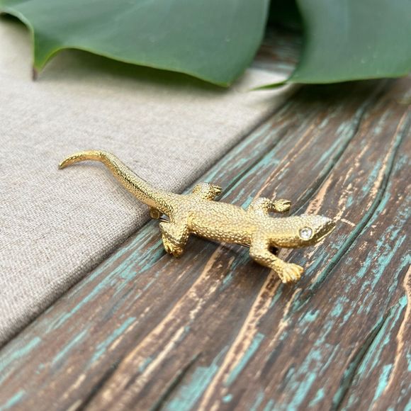 Vintage Lizard Salamander Gold Tone Brooch Clear Rhinestone Eyes Pin 2.75" - Picture 5 of 10
